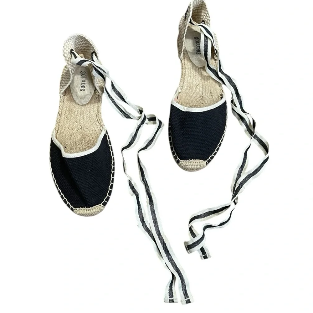 SOLUDOS Lauren Lace Up Espadrille Sandals Ankle Wrap Black Linen US 7.5 coastal